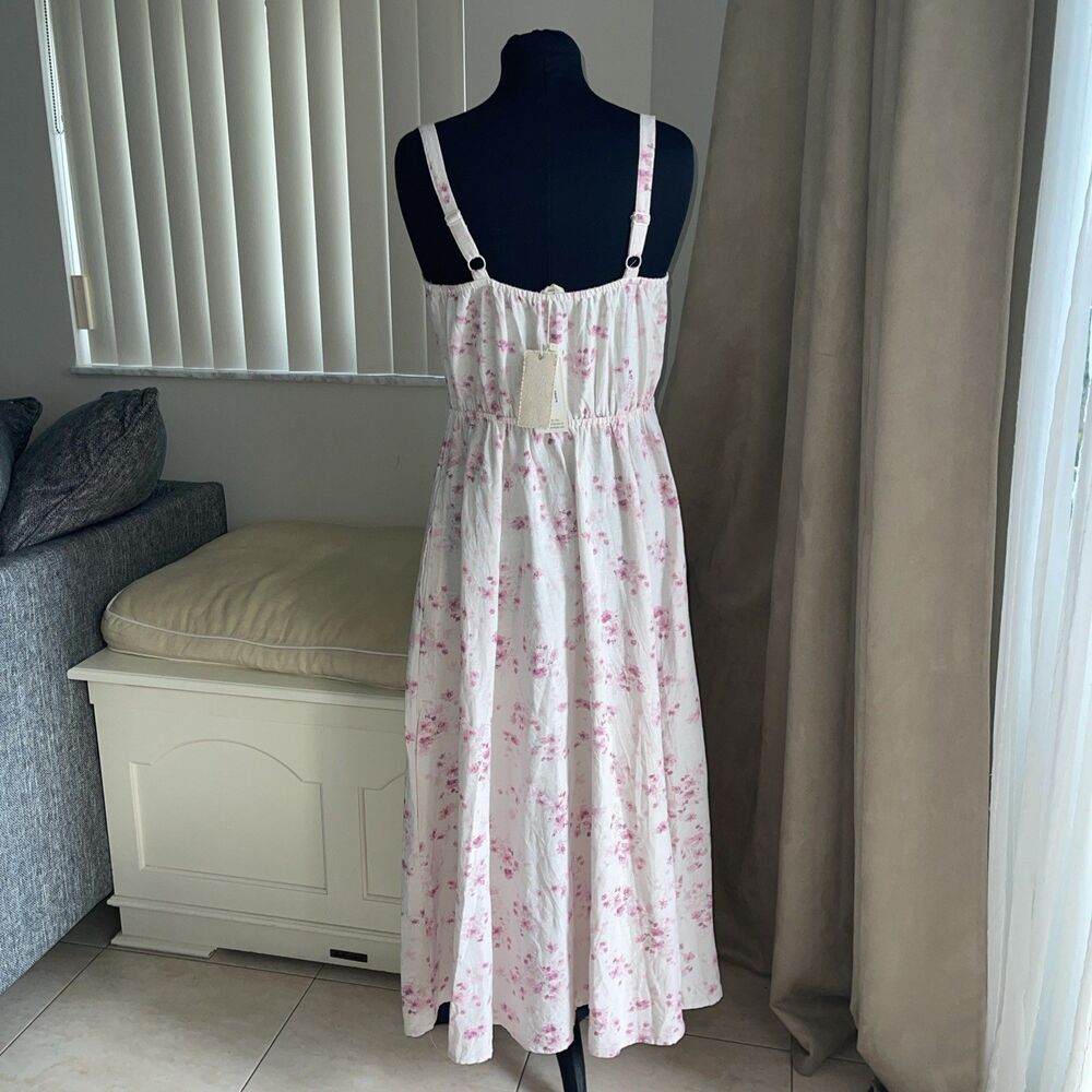 Sim Sam Babydoll Dress Pink Floral Milkmaid Coquette Linen Fairy Cottagecore L - Picture 3 of 9